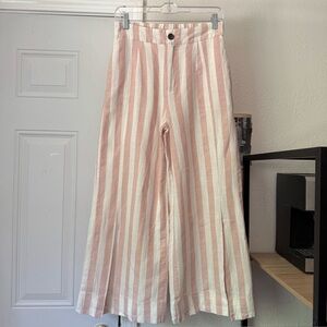 LINEN LUX pink white striped rayon linen elastic waist wide leg pants